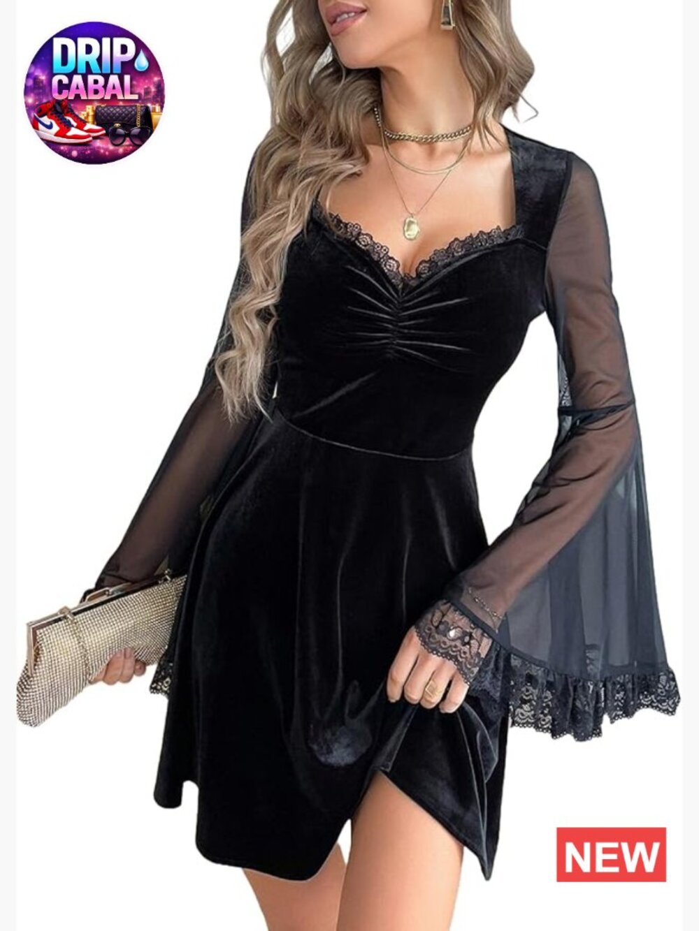 Gothic Velvet Sweetheart Neckline Lace Trim High Waist Mini Dress Bell Sleeve